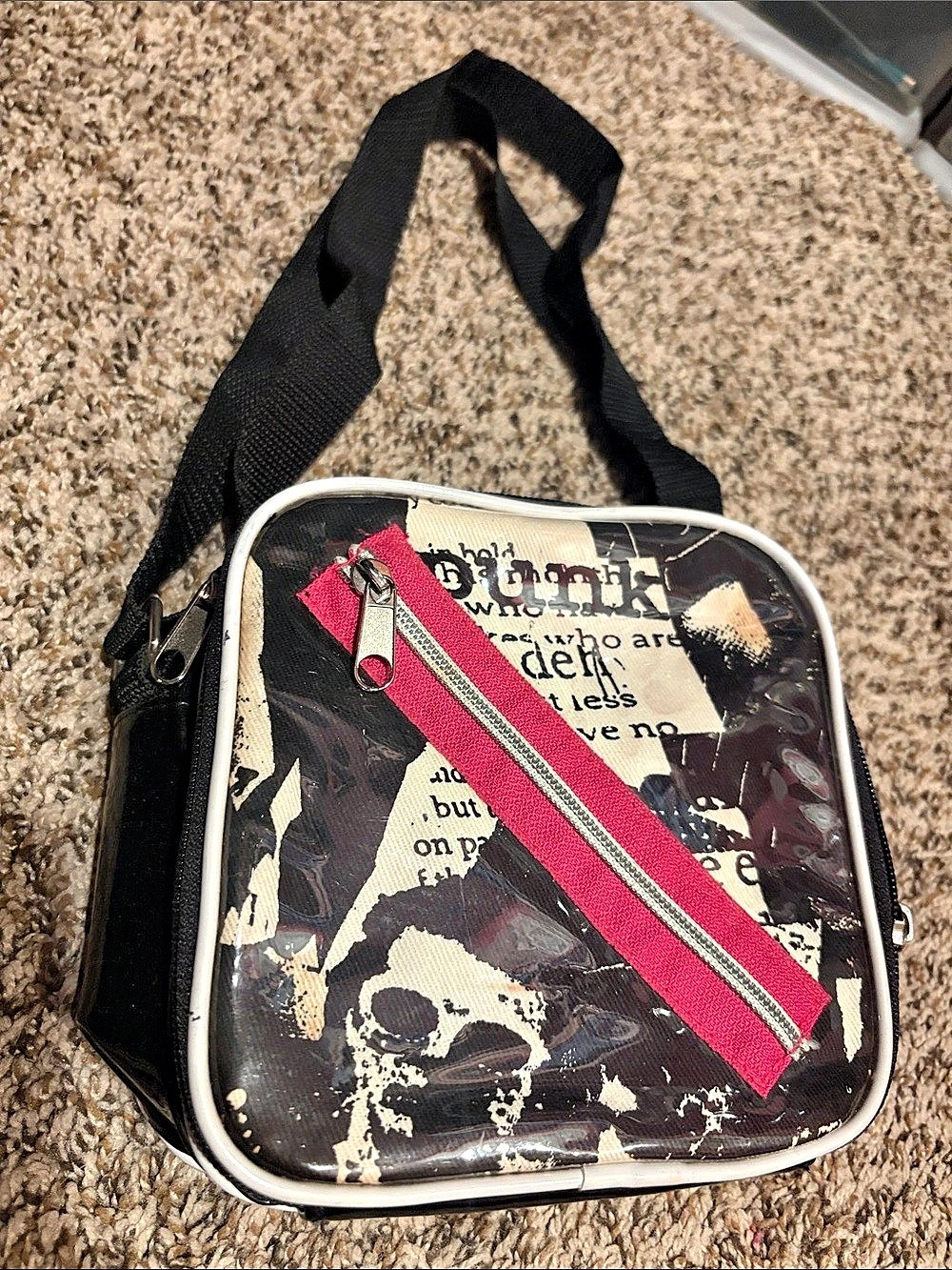 Vintage Clear Vinyl Punk Black Graphic Crossbody Bag in Black & Pink